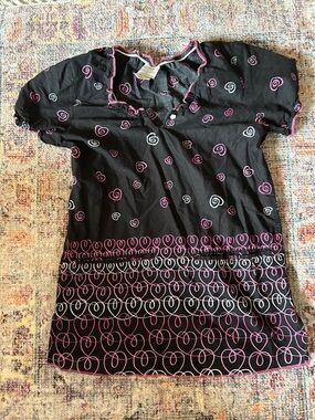 Black ScrubTop with Pink & White Heart Swirl Print